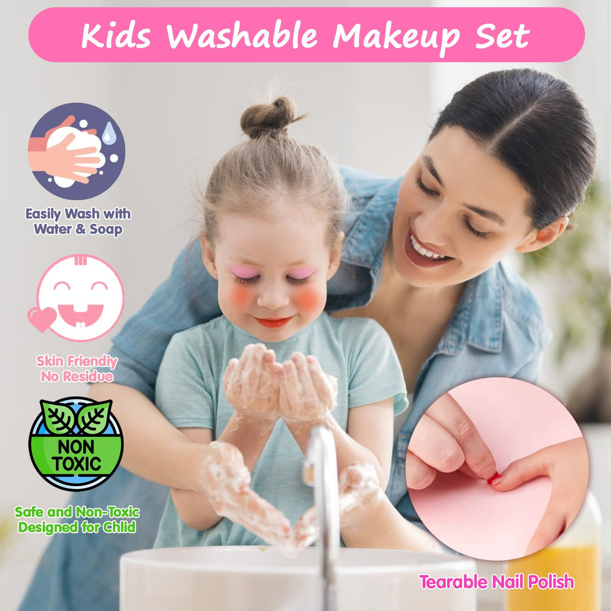 Topsolid Kids Makeup Kit With Mirror - Real Washable Makeup Set for Girls 5-8, Princess Toys Cosmetic Set, Christmas & Birthday Gifts for 3-8 Year Old Girls