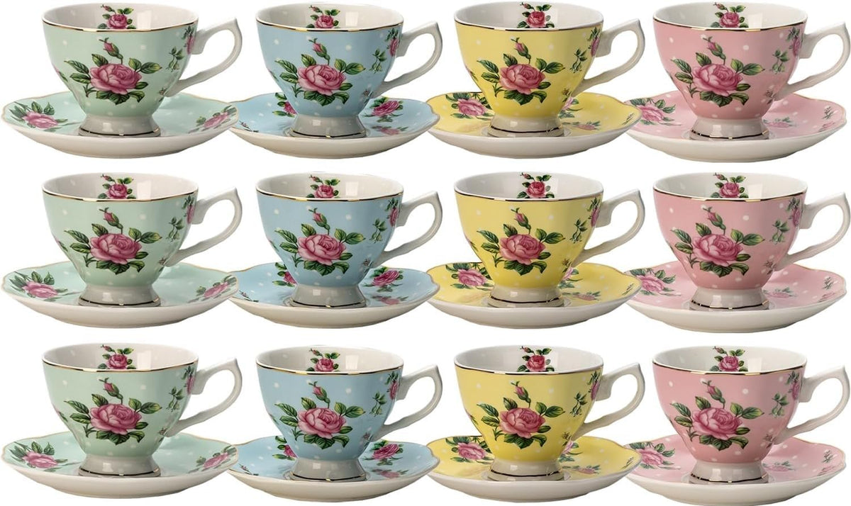 BTaT- Floral Tea Cups and Saucers, Set of 12, 8 oz, Fine Porcelain Teacup Set with Gold Trim for Afternoon Tea, Weddings, Parties & Gifting, Dishwasher Safe, Lightweight, Non-Toxic, Mothers Day Gift