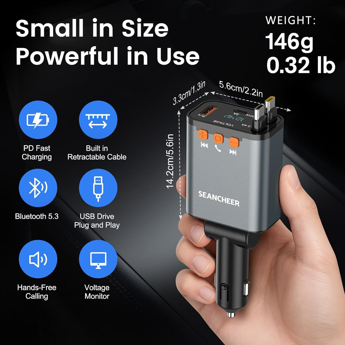SEANCHEER 69W 2 5.3 MP3 Car Bluetooth Adapter & Car Charger USB C, Cigarette Lighter Adapter with Retractable Cables