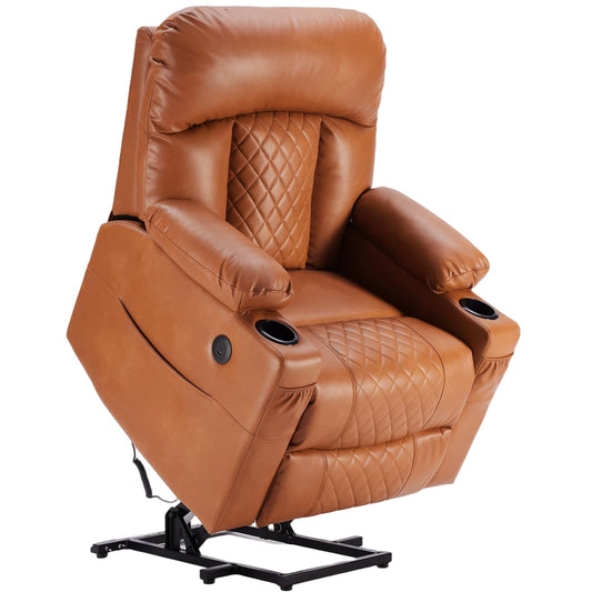 Eiayeebil Dual Motor Power Lift Recliner Chairs with Heat and Massage for Elderly, Leather Recliners with Extented Footrest,Infinite Position Lift Chair with Cupholder,USB & Type C Ports(Light Brown)