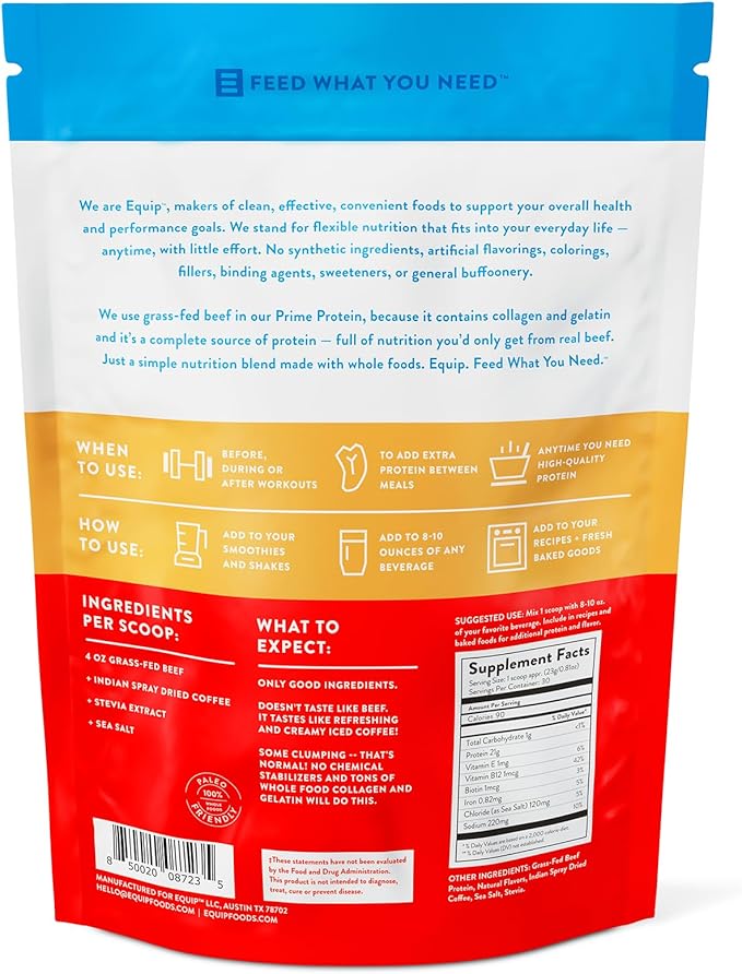 Equip Foods Prime Protein Powder | Clean, Grass Fed Beef Protein Powder | Carnivore Protein Isolate | Paleo, Keto Friendly, Gluten & Dairy Free | Helps Build & Repair Tissue | 30 Servings, Iced Coffee