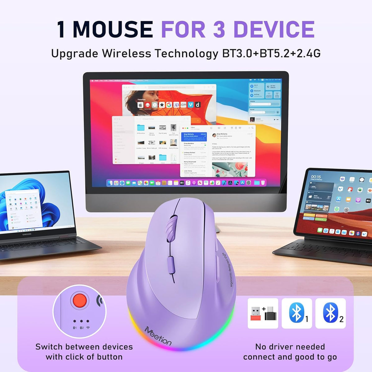 MEETION Bluetooth(5.2 3.0) 4 Left-Handed Mouse, Ergonomic Mouse Wireless Vertical Mouse, RGB Rechargeable Mice for +