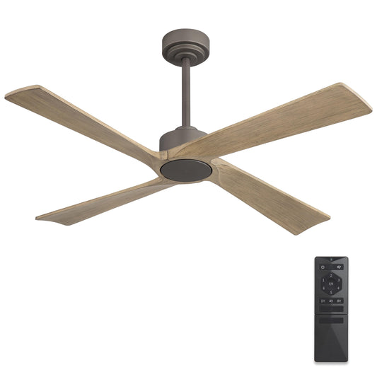 WINGBO 48 Inch DC Ceiling Fan Without Lights, 4 Carved Solid Wood Blades, 6-Speed Reversible DC Motor, Modern Ceiling Fan No Light for Indoor and Outdoor, Graphite and Gray, ETL Listed