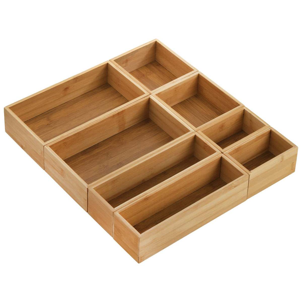 Lawei 8 Pieces Bamboo Drawer Organizer Boxes, Stackable Drawer Organizer Storage Tray 4-Size, Versatile Dividers Cutlery Holders Bins Containers for Kitchen, Bathroom, Office Desk, Makeup, Jewelry