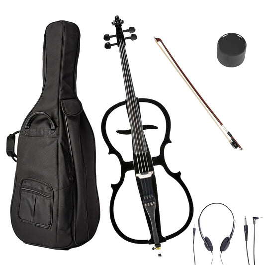 Verahaus Electric Cello 4/4 Full Size Ebony Fittings with Lightweight Cello Bag, Headphones, Bow, Bridge, Rosin, Cello for Beginners Adults(Metallic Black)