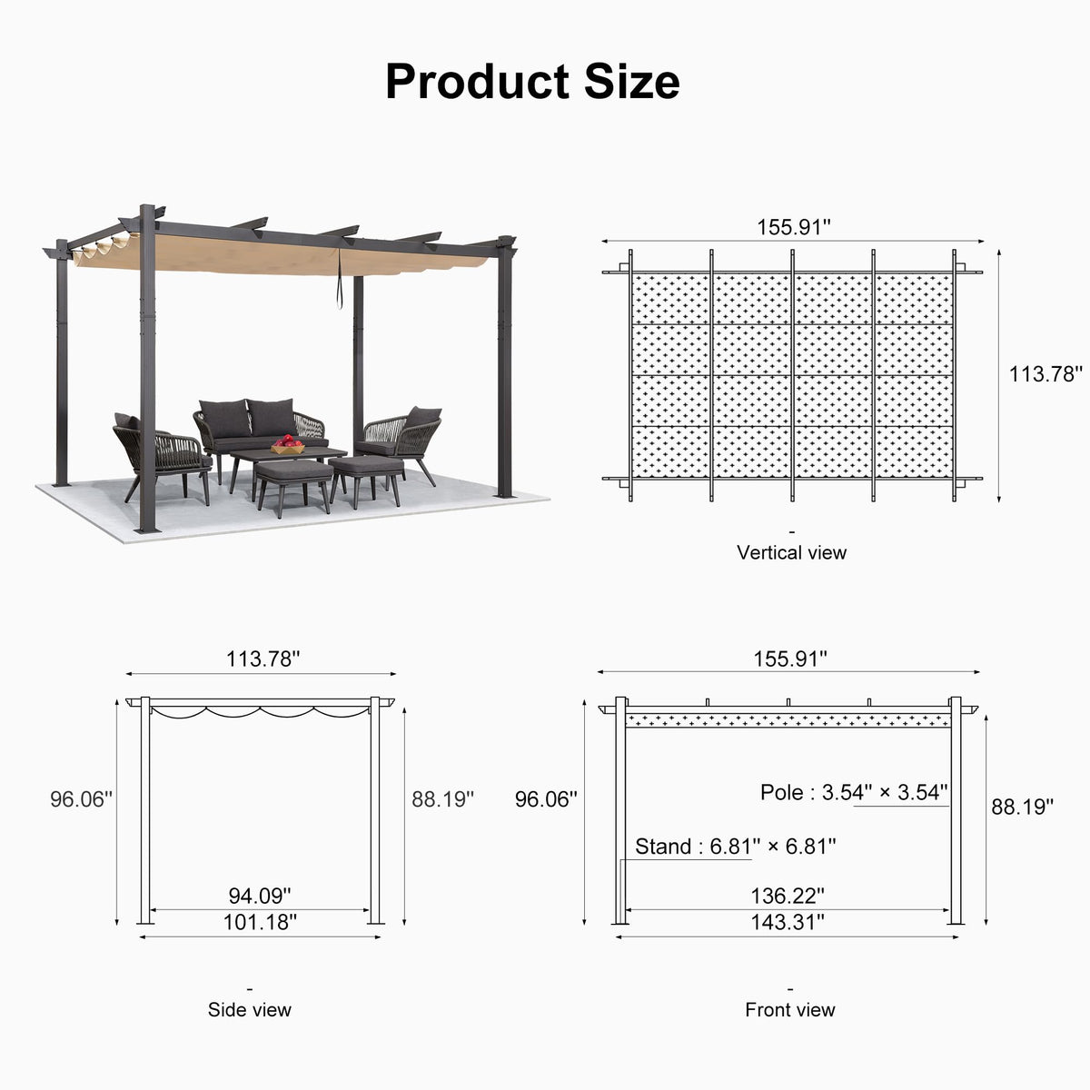 PURPLE LEAF 10' X 13' Outdoor Retractable Pergola with Sun Shade Canopy Patio Metal Shelter for Garden Porch Beach Pavilion Grill Gazebo Modern Yard Grape Trellis Pergola, Beige