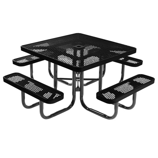 COATEDOUTDOORFURNITURE Heavy-Duty Portable Outdoor Picnic Table with Umbrella Hole, Expanded Metal Commercial-Grade Patio Dining Furniture Made in America (46" Square Top, Textured Black)