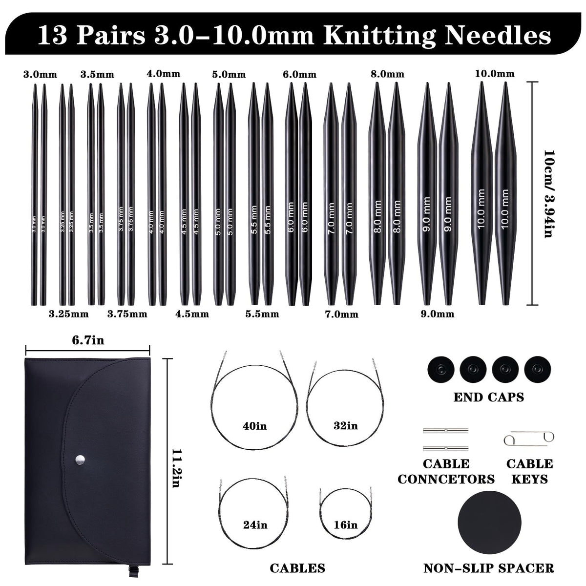 Peiouly 13 Pairs Interchangeable Circular Knitting Needles Set, 3.94 inch(10cm) Aluminum Knitting Needle Set, 3-10mm Interchangeable Knitting Needles, Cables, Accessories and Case
