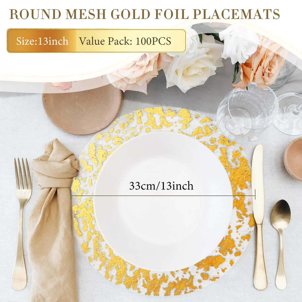 KesaPlan 100 PCS Disposable Gold Placemats Set, 13" Metallic Round Doilies for Tables, Gold Foil Mesh Pressed String Table Mats, Thin Mesh Decorative Doilies for Wedding, Holiday, Party, Christmas