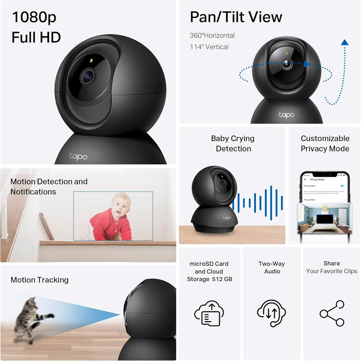 Tapo 1080P 2-Way C201 Indoor Pan/Tilt Wired Security Camera - Works as a Baby & Pet Monitor, Motion Detection, Audio