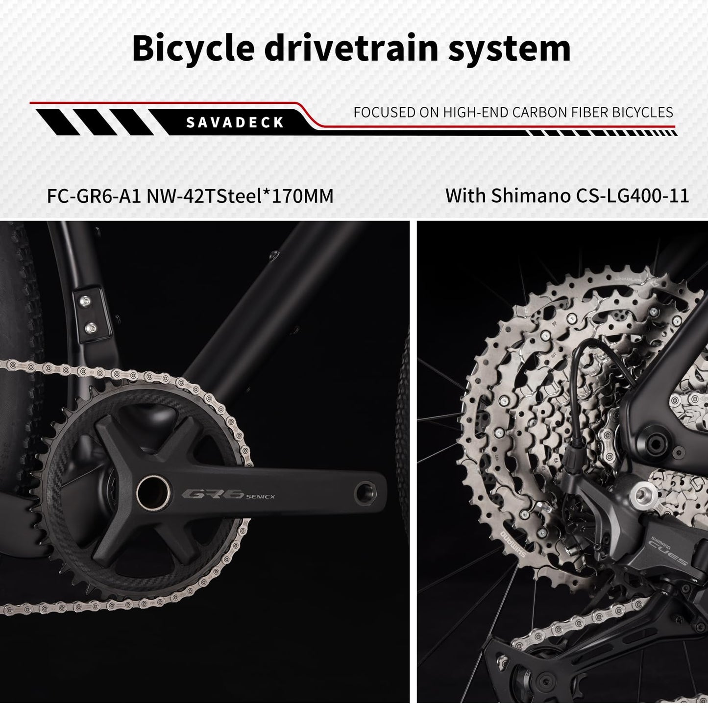 SAVADECK Carbon Gravel Bike - T800 Carbon Frame & Fork | Shimano U6000 11-Speed Groupset | Hydraulic Disc Brakes | 700CX40mm All-Terrain Tires | Men & Women Road/Off-Road Bicycle (Black, 47cm)