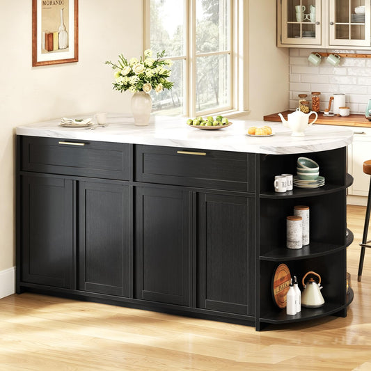 HSH 63” Large Kitchen Island with Seating, White Faux Marble Island Table with 2 Storage Drawers, Cabinets, 3 Open Shelves, Modern Counter Height Stationary Island Prep Table for Kitchen Dining Room