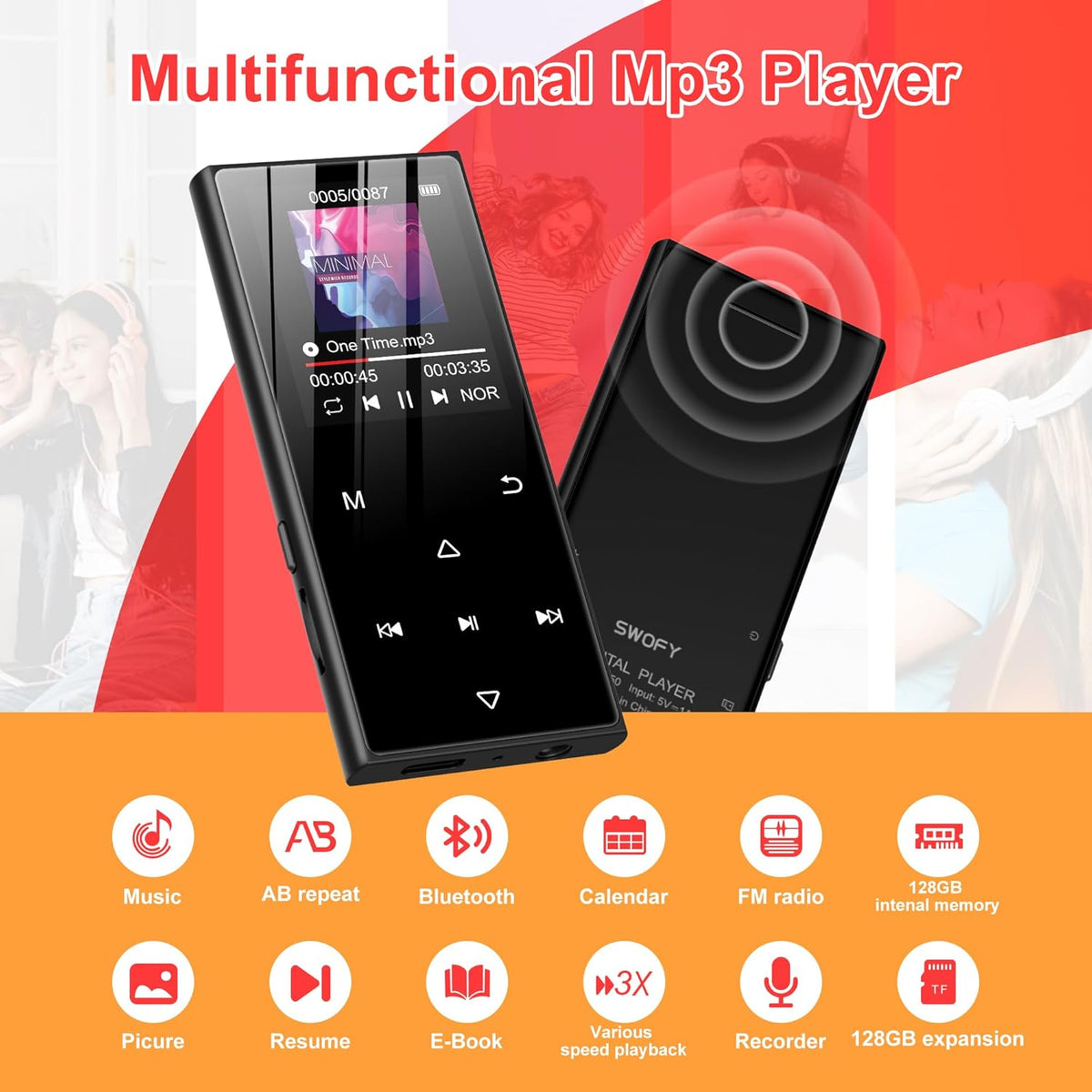 SWOFY 128GB MP3 5.3 D50 Player with Bluetooth - Music Player with Built-in HD Speaker, FM Radio, Voice Recorder, HiFi