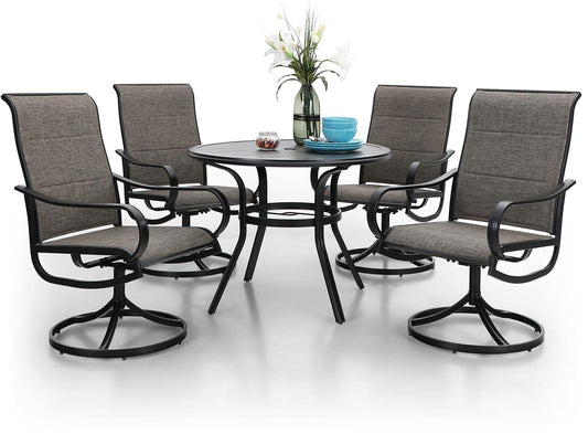 PHI VILLA Patio Dining Set 5 Piece, 4 Padded Textilene Swivel Patio Chairs and 1 Round Metal Table with 1.57" Umbrella Hole, All Weather Resistant for Lawn Garden
