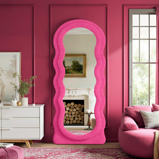 Anpark Full Length Mirror 71"x30" Irregular Wavy Full Body Wall Mounted Floor Mirror with Stand Hot Pink Flannel Frame Leaning Hanging Wall for Bedroom Entrance Hallway
