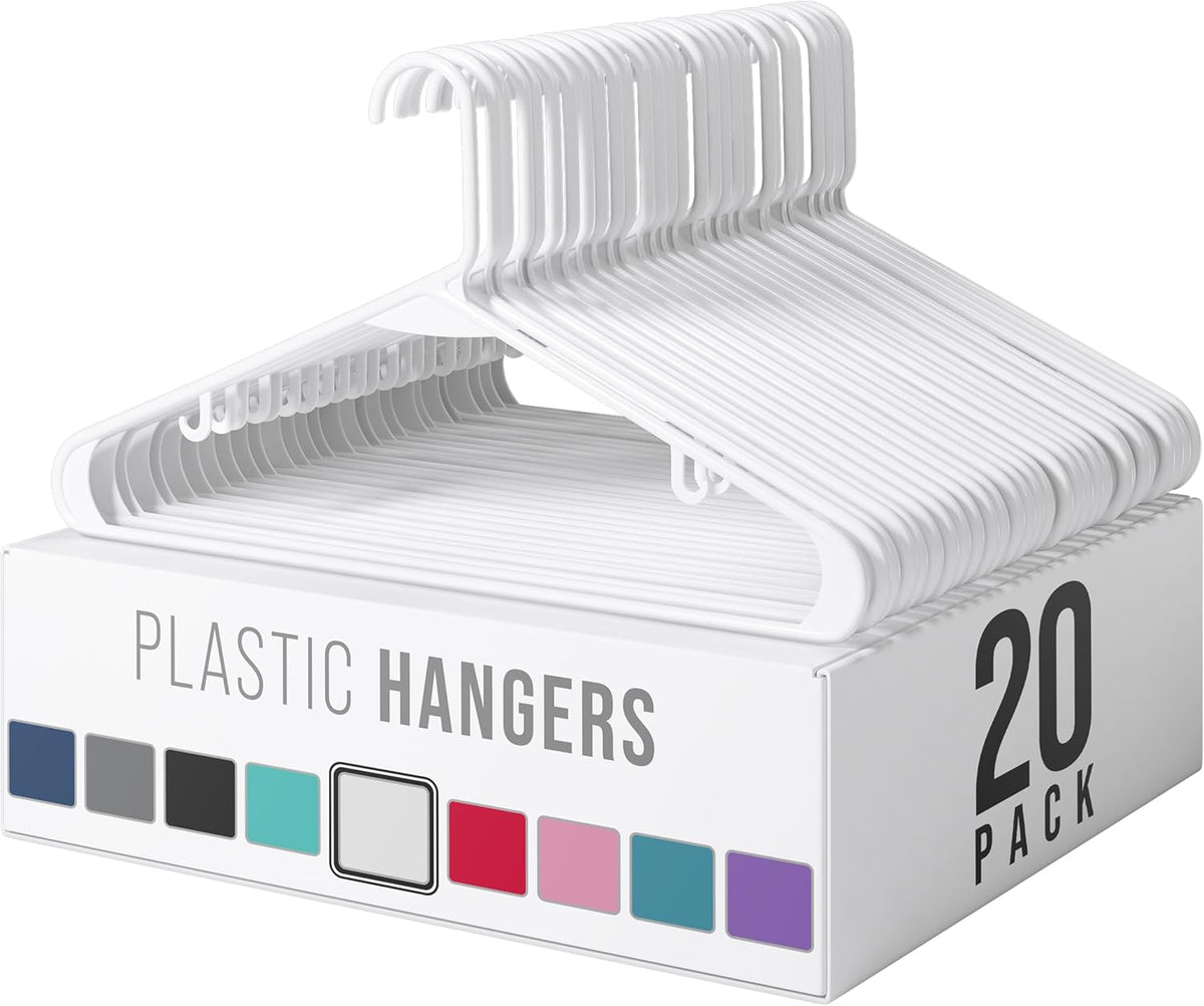 Plastic Hangers 20 Pack White - Space-Saving Clothes Hangers for Closet Organization | Perfect for Coats and Essentials