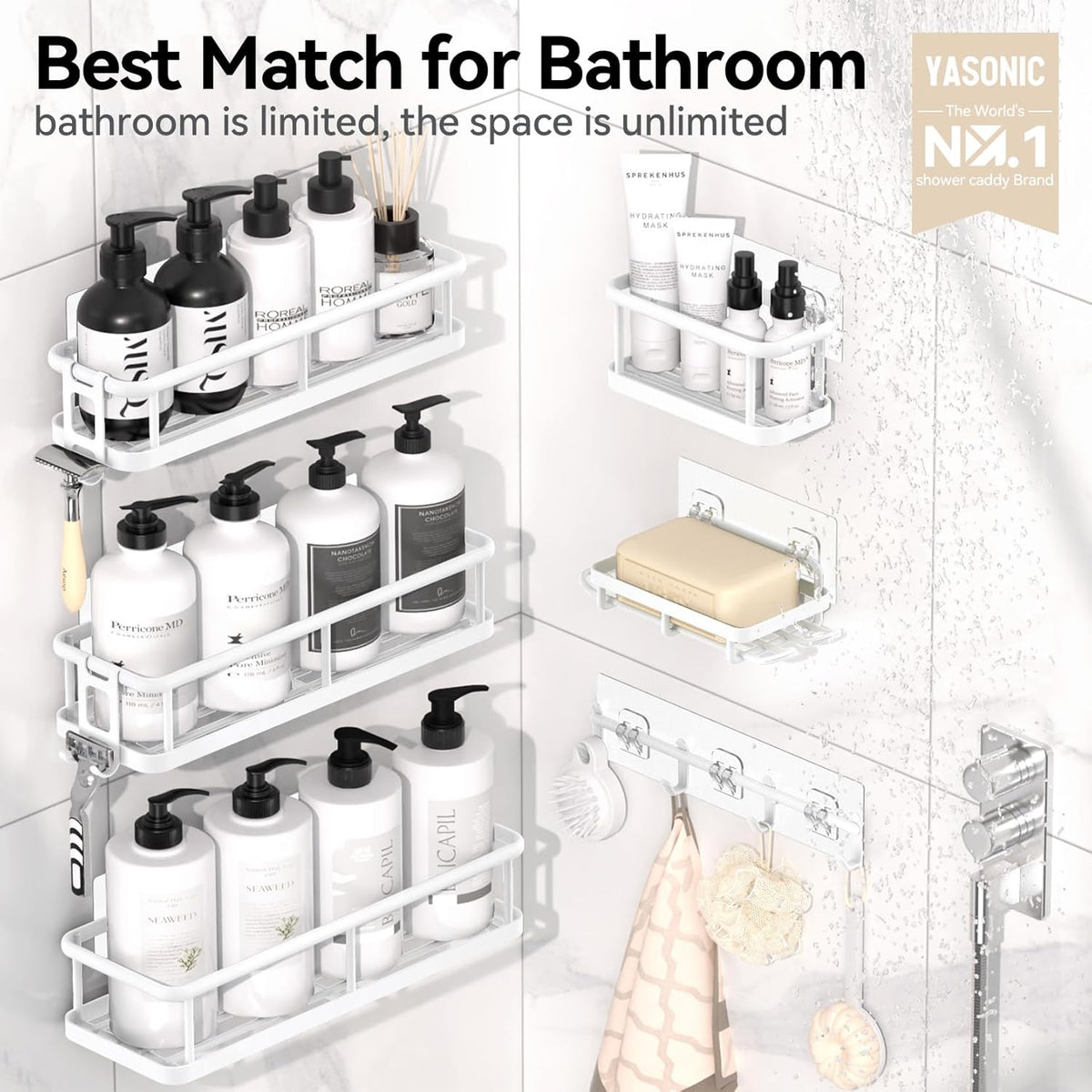 YASONIC Shower Caddy - Large Capacity Bath Organizer with Soap Holder & 12 Hooks | Rustproof White Shelves