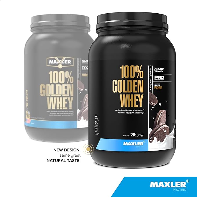 Maxler 100% Golden Whey Protein - 24g of Protein per Serving - Premium Whey Protein Powder for Pre Post Workout - Fast-Absorbing Whey Concentrate, Isolate & Hydrolysate Blend - Cookies & Cream 2 lb