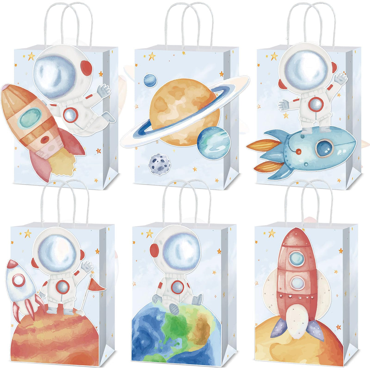Naozinebi 12 Pcs Outer Space Party Favors Bags with Handles Astronaut Galaxy Theme Party Supplies Solar System Goodie Gift Rocket Paper Bag for Kids Birthday in 6 styles Gift Bags for Baby Shower