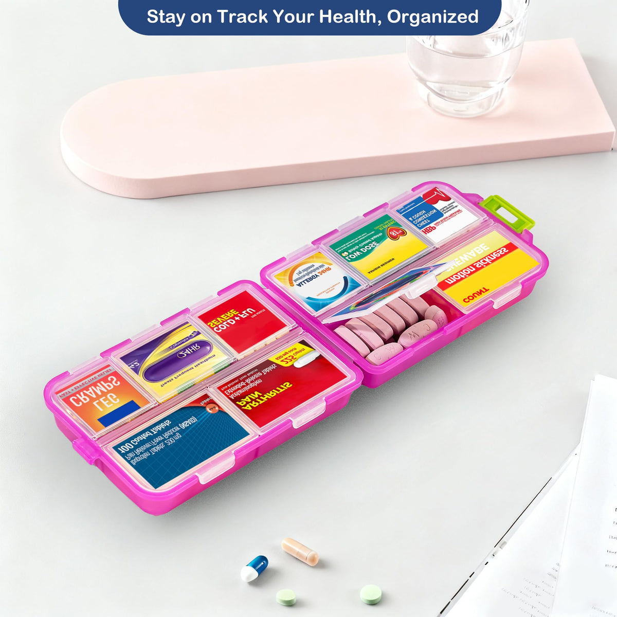 2026 New Extra Large Pill Box with Medicine Labels Travel Essentials Daily Med Container Mini Medication Organizer Storage Organizer Case 7 Day Pill Organizer(Pink)