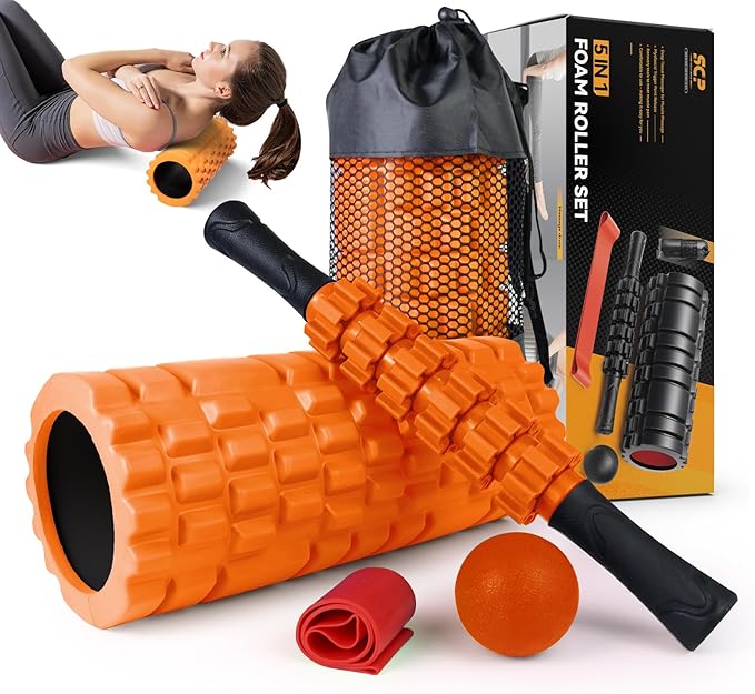5 in 1 Foam Roller Set for Deep Tissue Muscle Massage, Trigger Point Fitness Exercise Foam Roller, Massage Roller, Massage Ball, Stretching Strap, for Whole Body (Orange-New)
