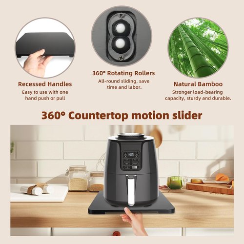 360° Rolling Tray Bamboo Appliance Slider for Kitchen Appliances, Coffee Maker Mat Tray for Countertops Sliding Tray for Coffee Maker Appliances Mat Easily from Under The Cabinet Black 11.6×13.9