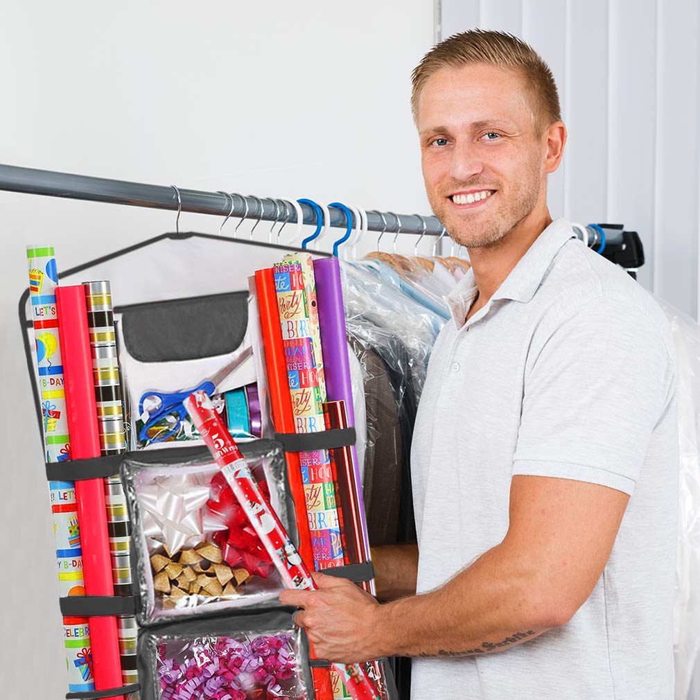 ProPik Hanging Double-Sided Gift Wrap Organizer, Wrapping Paper Storage with Multiple Front and Back Pockets, Organize Your Gift Bags Bows Ribbons 40”X17" Fits 40 Inch Rolls (Black seam)