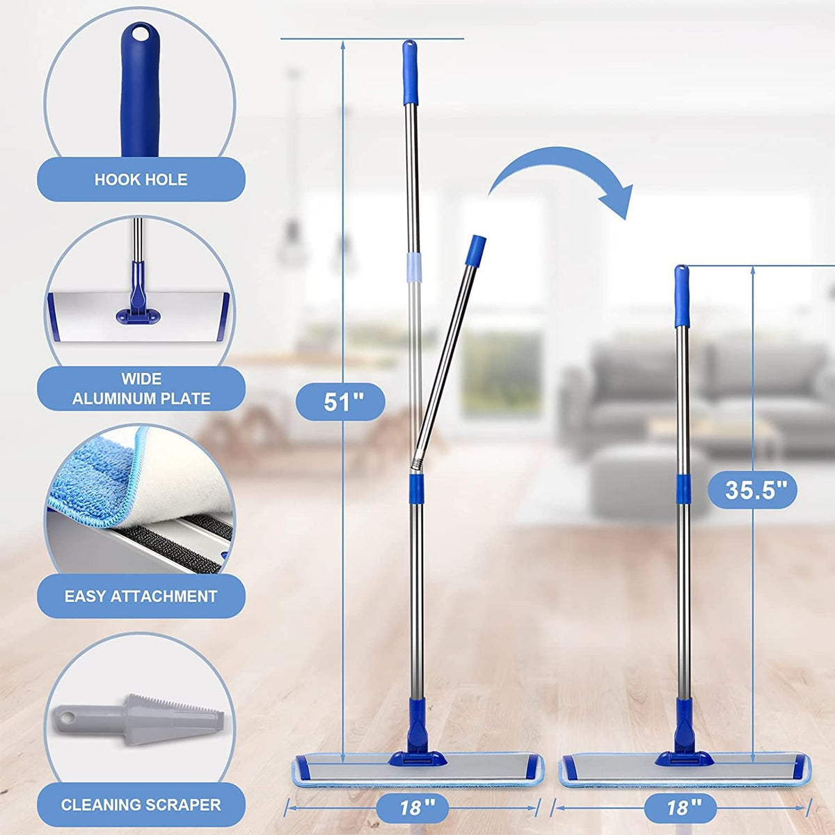 Skiennix 18" Professional Microfiber Mop - Flat Mop with Stainless Steel Handle & 4 Reusable Pads