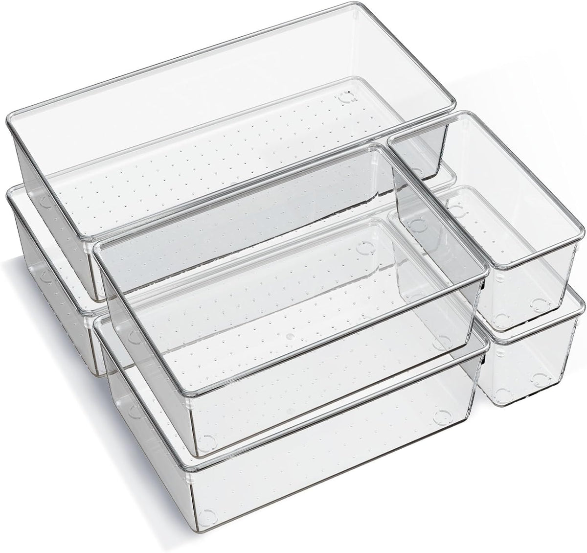 Skiennix 6-Pack Large Clear Plastic Drawer Organizer Trays - Non-Slip Storage Bins for Makeup, Kitchen Utensils & More