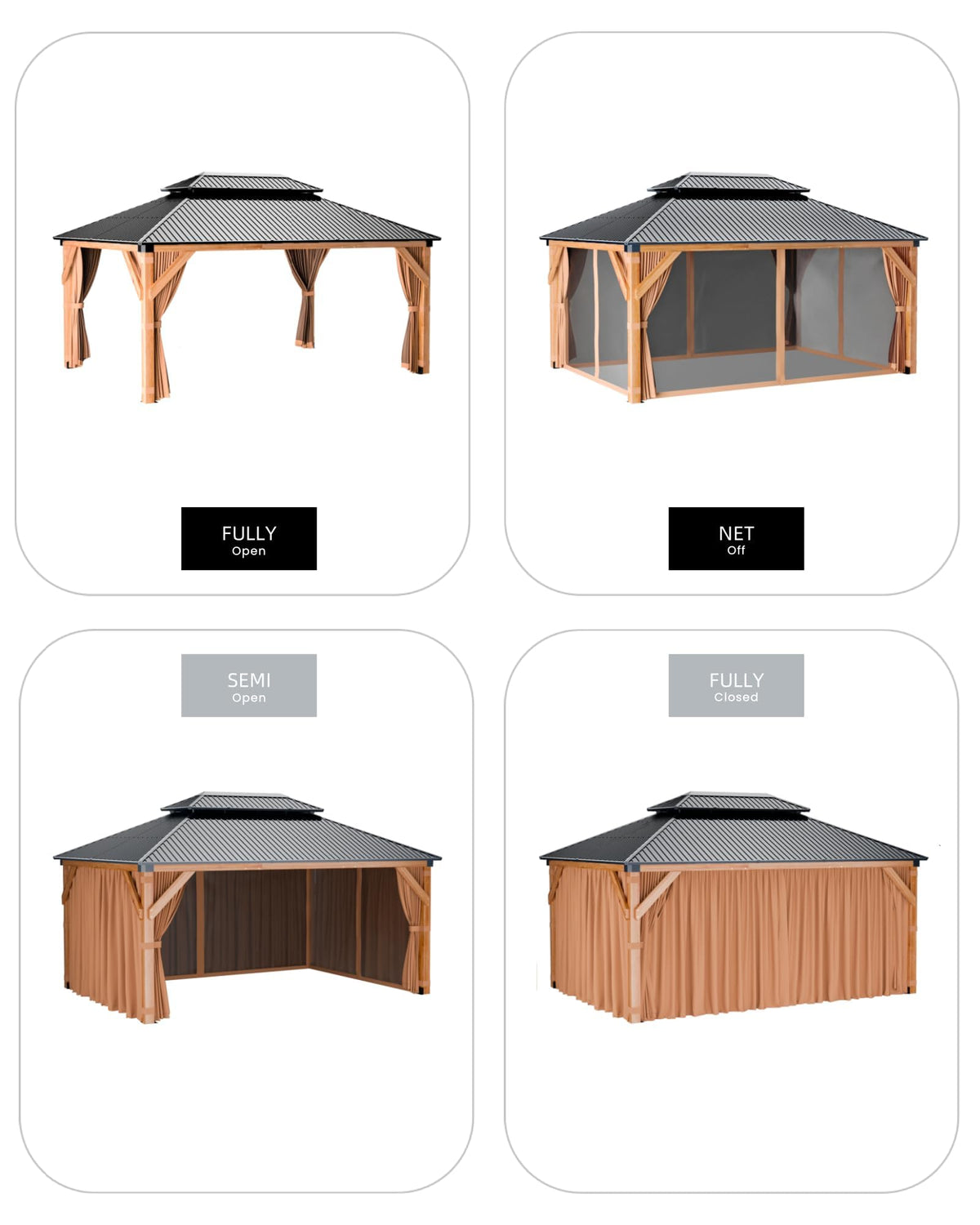 10x12FT Hardtop Wood Gazebo, Cedar Frame Outdoor Pavilion with Double Galvanized Steel Roof, Curtains and Netting Included, Ceiling Hook for Patio Backyard Deck Lawn Garden, Khaki