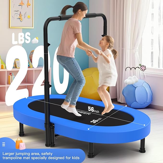 ANCHEER 56" Double Mini Trampoline for Kids, Mini Rebounder with 5-Level Adjustable Handle, Parent-Child Trampoline for Kids, Max Load 220lbs, Fun for Indoor/Outdoor