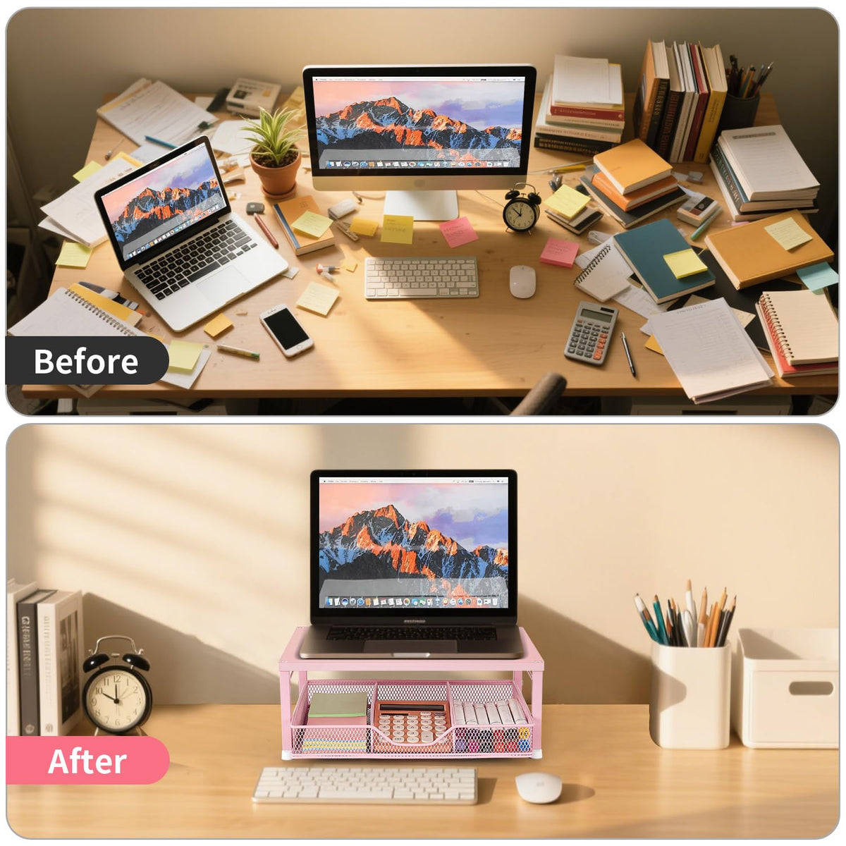 Gugsey Small Pink Laptop Stand for Desk, Monitor Stand, Office Desk Accessories, Computer Desktop Stand with Drawer for Home, Office, School (Pink)