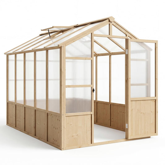 GarveeLife 6'x10' Wooden Greenhouse for Outdoor, Large Walk-in Greenhouse Kit with Ventilated Window, Door & Polycarbonate Panels, Heavy Duty Wood Frame Green House for Patio Garden Backyard