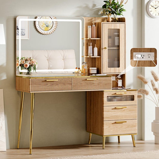 Arulvmrn Vanity Desk with 29.53" HD Lighted Mirror, 47.24" Big Modern Vanity Desk with Mirror and Lights, Makeup Vanity with 5 Drawers and Storage Shelves and Charging Station, Oak