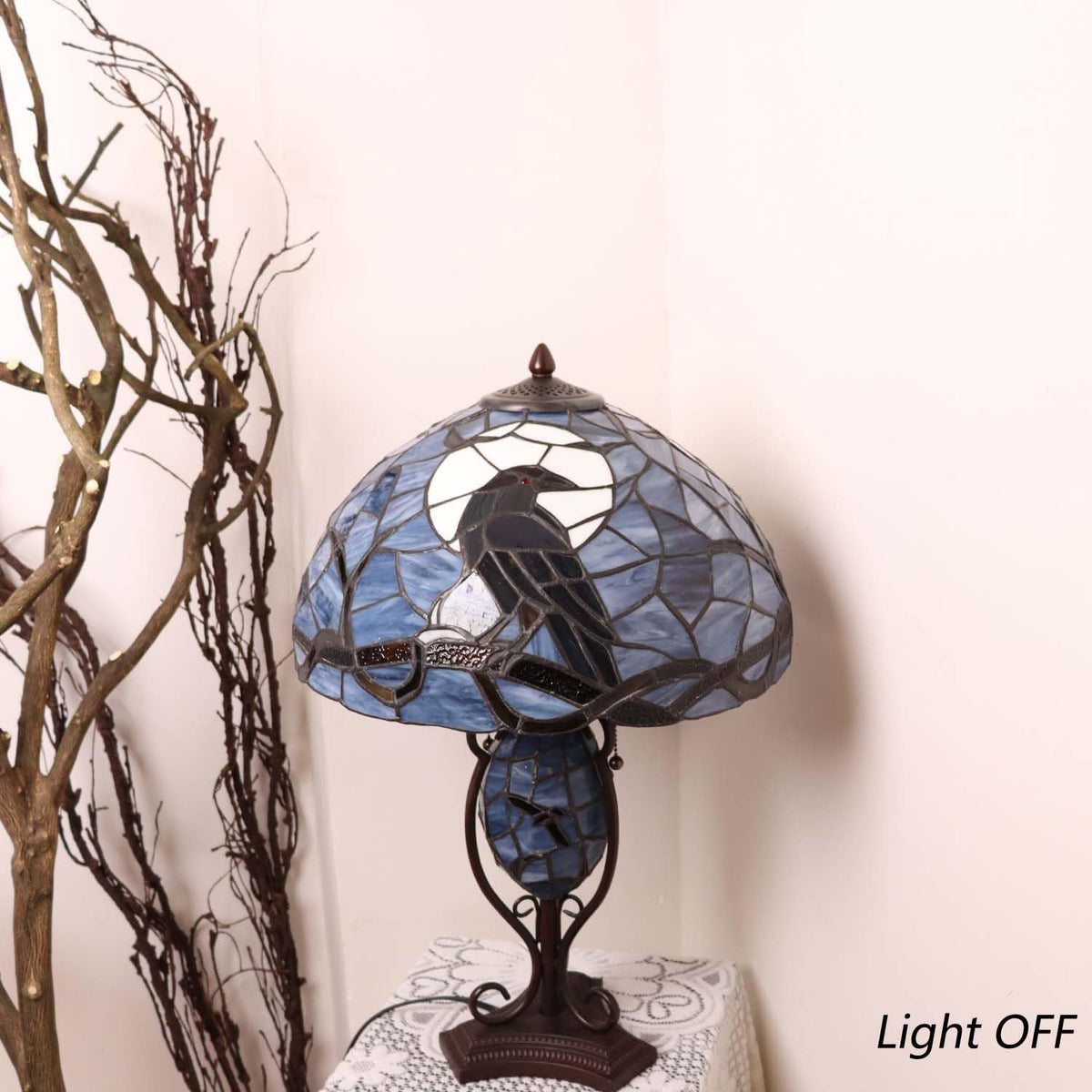 Bieye L10954 Raven Sitting on Bare Tree Branch in Full Moon Night Tiffany Style Stained Glass Table Lamp for Home Decor (Dark Blue, 16Wx24H)