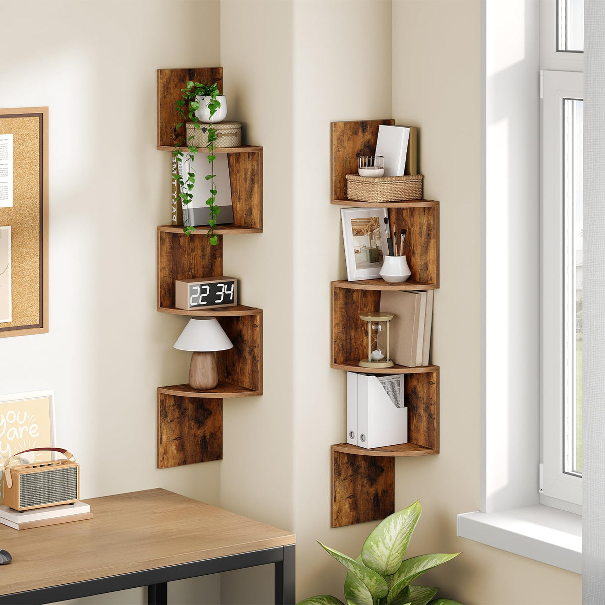 HOOBRO Corner Shelf Wall-Mounted, Set of 2 Floating Corner Shelves for Wall and Small Round Side Table Bundle, BF25BJP201-WN219UBZ01