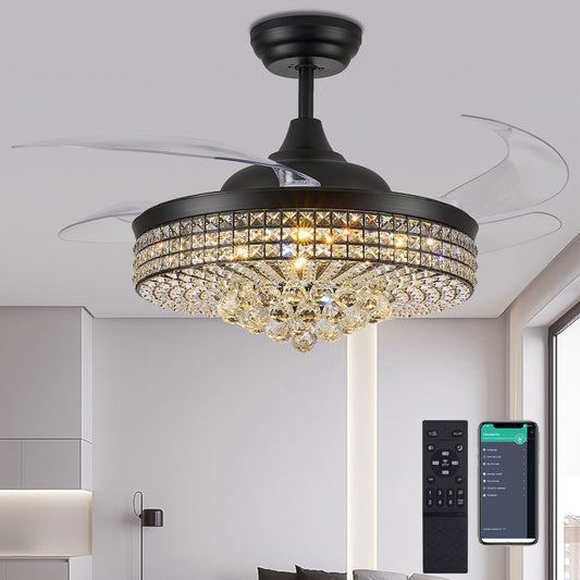 Trssdre 52" Dimmable Black Fandelier Ceiling Fans with Lights and Remote Modern Retractable Blade Crystal Chandelier Ceiling Fan for Bedroom Dinning Room Living Room