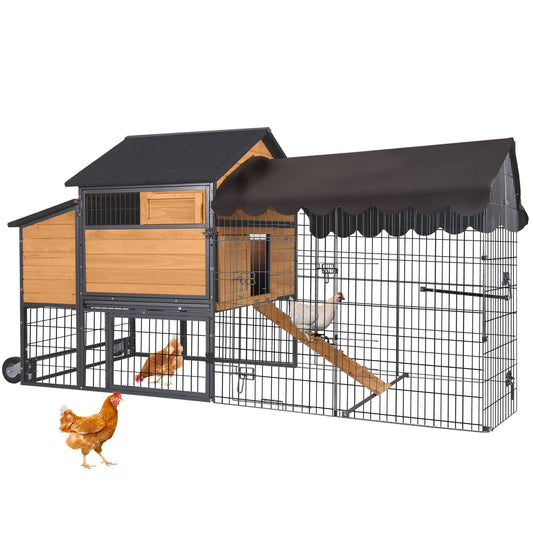 Large Chicken Coop for 4-6 Chickens, All-Steel Frame Hen House Poultry Cage with Waterproof Cover, Nesting Box & Metal Run