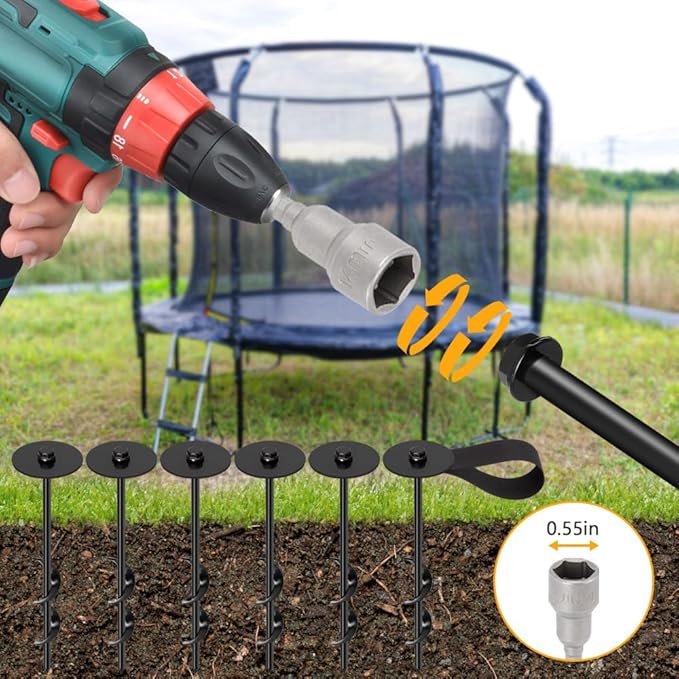 Trampoline Stakes, Flymer Trampoline Anchors High Wind Heavy Duty, 12 in Trampoline Tie Down Anchor Kit for Ground Stake, Screw in Ground Anchor 6 Pcs with Straps