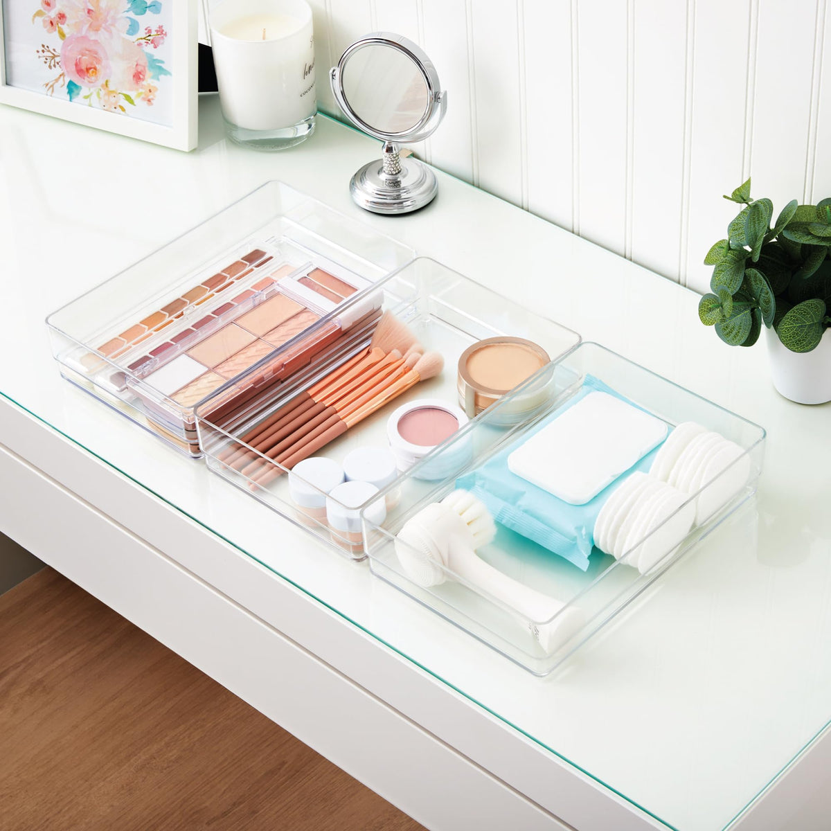 STORi SimpleSort 3-Piece Stackable Clear Drawer Organizer Set | 9" x 6" x 2" Rectangle Trays | Wide Makeup Vanity Storage Bins and Office Desk Drawer Dividers | Made in USA
