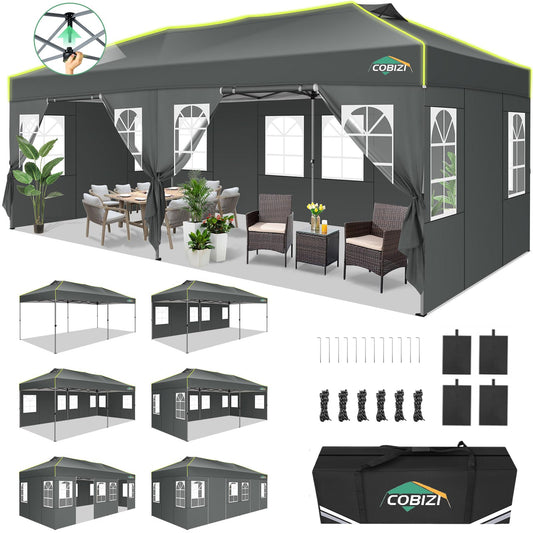 COBIZI 10x20 Pop Up Canopy Tent with 6 Removable Sidewalls, One Push Party Tent Outdoor Waterproof Event Canopy with Air Vent for Parties Commercial Wedding, 3 Height, Carry Bag, Sandbag, Gray