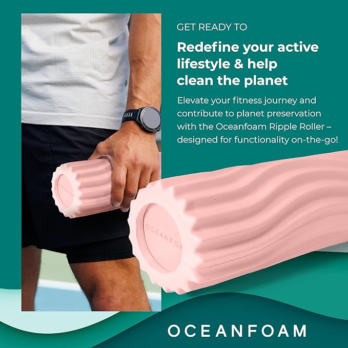 Oceanfoam Ripple Travel Foam Roller (11" x 3.35") Firm Mini Foam Roller for Physical Therapy, Deep Tissue Massage, Back Pain - High Density, Ergonomic Wave Textured - Yoga, Pilates, Exercise (Blush)