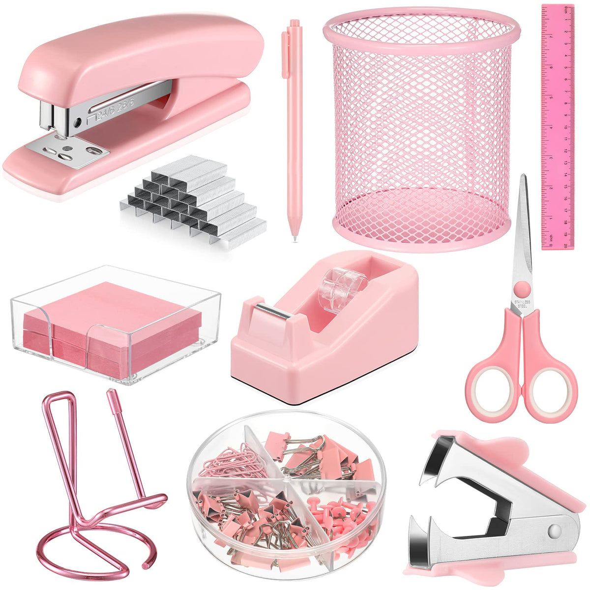 Sabary 12 Pack Pink Desk Accessories Office Supplies Set Include Stapler Staple Scissor Staple Remover Tape Dispenser Ballpoint Pen Sticky Notes Holder Phone Holder Ruler Pen Organizer for Gift