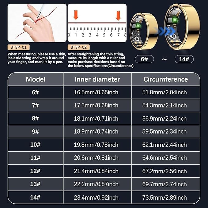 Health Tracker Ring, Smart Health Ring for Women Men with Heart Rate, Blood Oxygen, Sleep Monitor, Steps,Calories, No Subscription Fee, IP68 Waterproof Smart Ring for iPhone & Android (Gold, 10#)