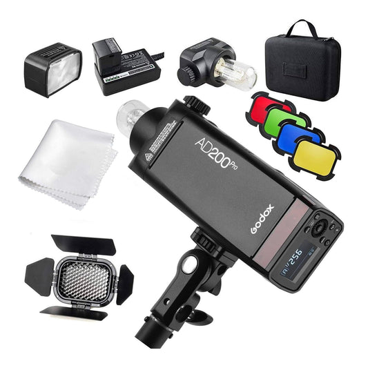 GODOX AD200 Pro AD200Pro with BD-07 Barn Door Honeycomb Grid 4 Color Filter Kit, 200W 2.4G Flash Strobe, 1/8000 HSS, 500 Full Power Flashes, 0.01-2.1s Recycling, 2900mAh Battery