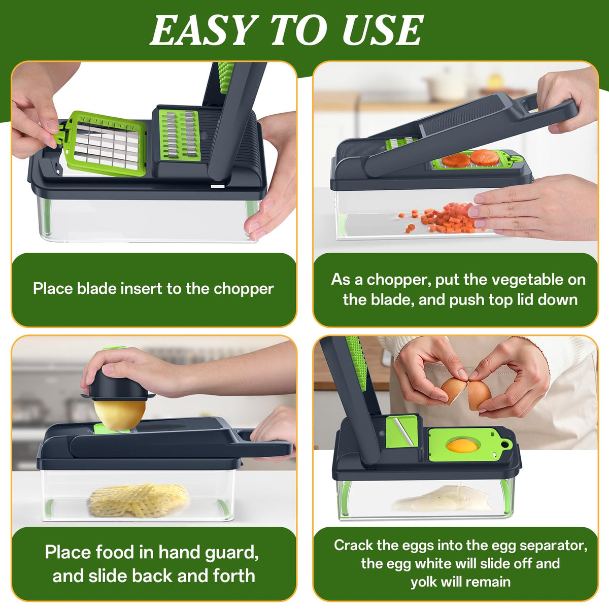 HomeHacks Vegetable Chopper Vegetable Cutter, 12 in 1 Kitchen Gadget, Dicer, Slicer, Onion Cutter, Salad, Cheese Grater & Egg Separator - Multi-Functional Veggie Chopper Lid with Handle (Green)