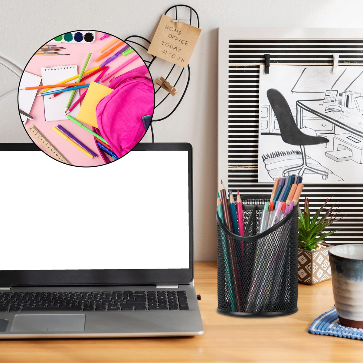 Delifox 2 Pack Pen Holder Mesh Round Pencil Holder Desktop Organizer 3 Compartments, Black