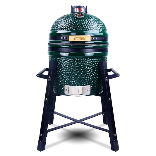 London Sunshine Ceramic Kamado Charcoal BBQ Grill and Smoker, Stainless Steel Grates -15" Ceramic with Tall Stand (GREEN)