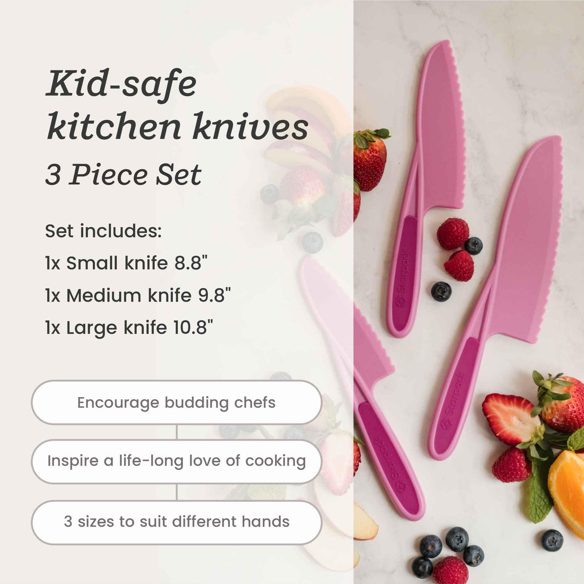 Starpack 'Finger Loving' Kid Safe Kitchen Knife Set of 3 - Kids Knife Set for Real Cooking - Serrated Edges Toddler Knife Sets for 3+ Year Olds - Montessori Knife Sets - BPA-Free Nylon Knives for Kids