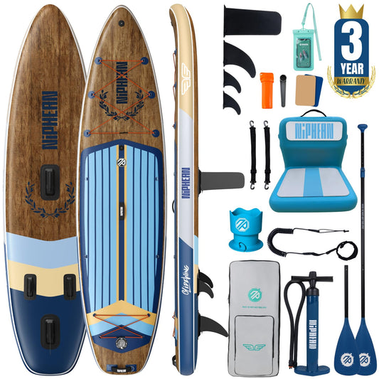 Niphean (Extra Large) Inflatable Paddle Board, SUP for 2+1 People/Family 500lbs Capacity Stand Up Paddle Board with SUP Accessories, StabilTrac Fin Non-Slip Paddleboard for Adults-Woven Wood